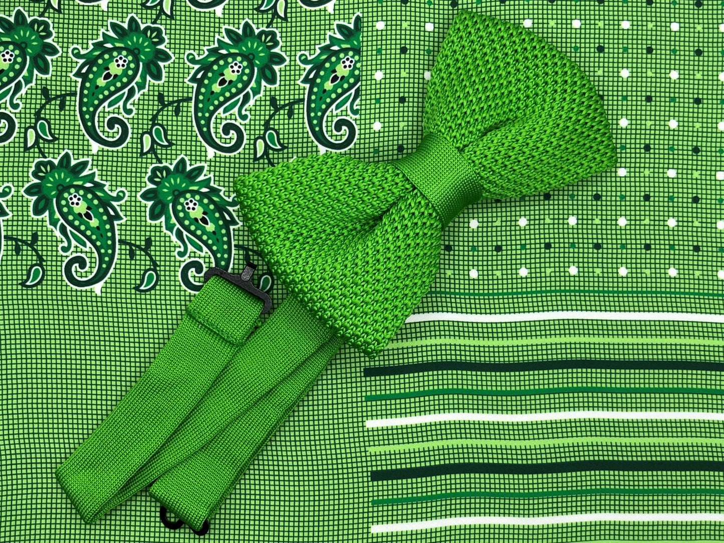 Lime Green Knit Bow Tie & Quad Design Silk Pocket Square Set