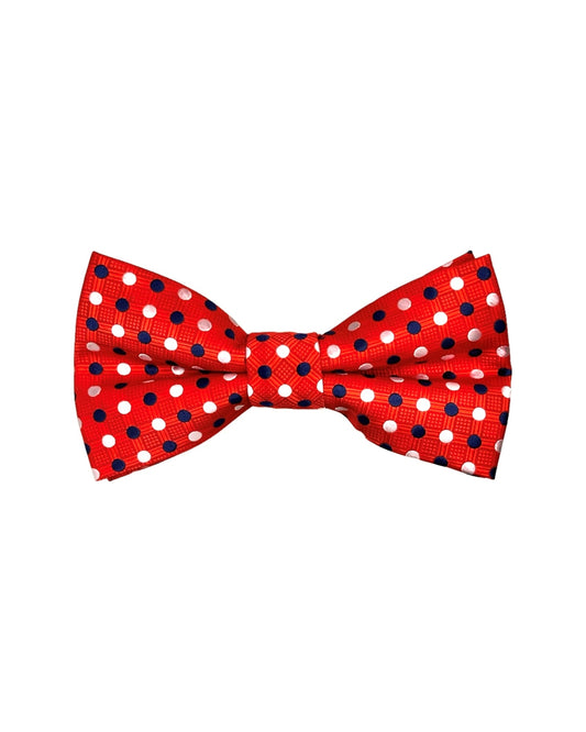 White & Navy Blue Polka Dots on Red Bow Tie